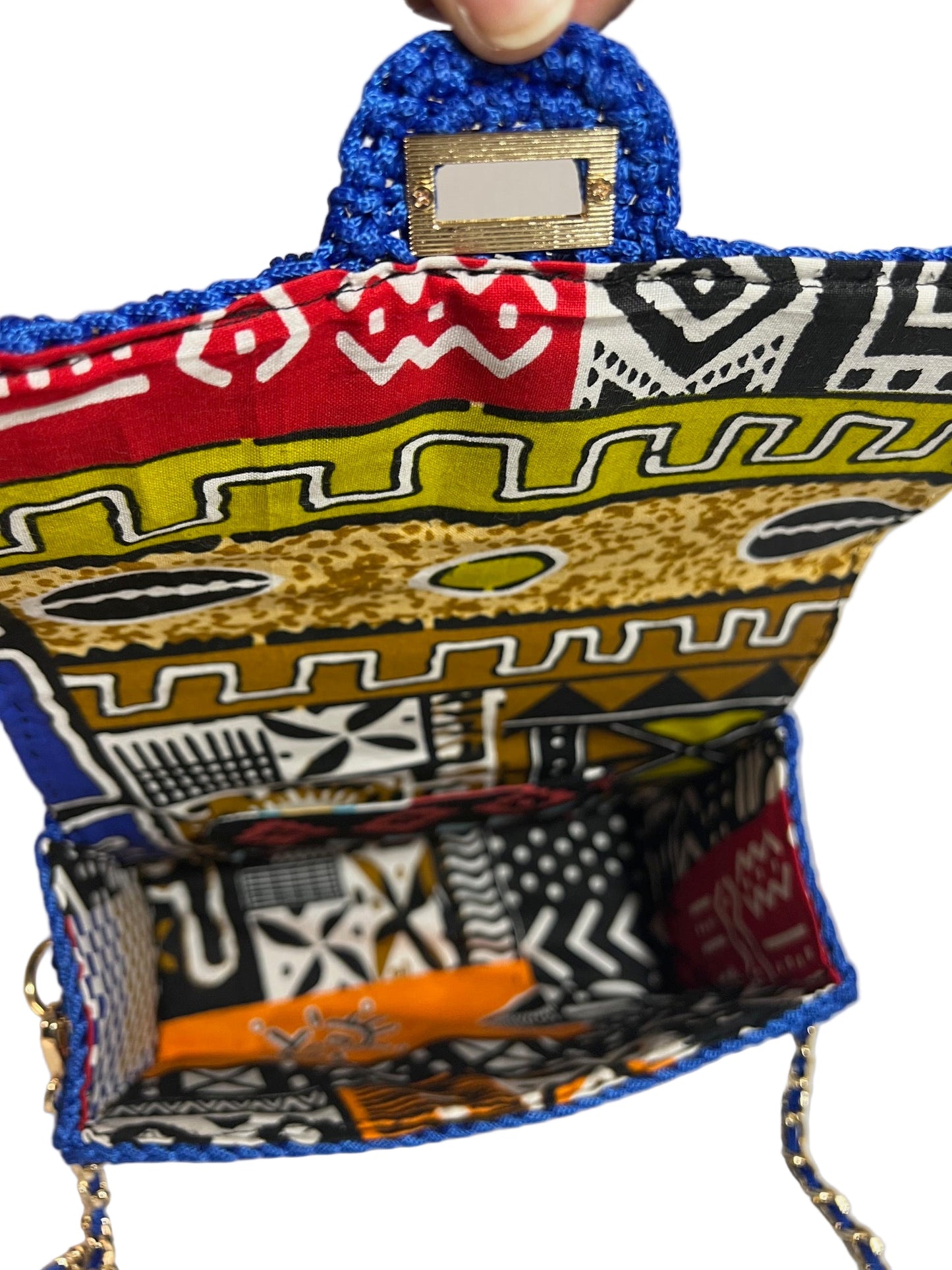 Inside view of the Handmade Blue African Print Satchel Shoulder Handbag featuring colorful patterns and spacious compartments