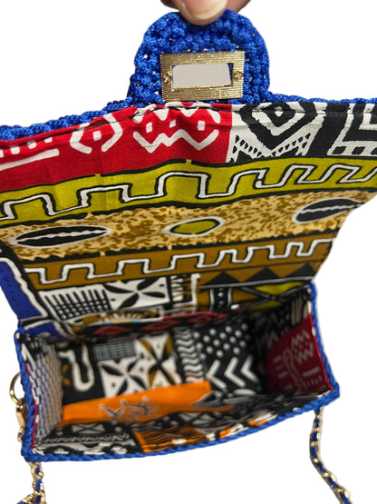 Inside view of the Handmade Blue African Print Satchel Shoulder Handbag featuring colorful patterns and spacious compartments