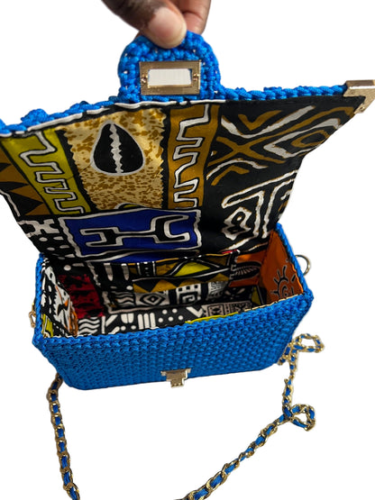 Handmade Blue African Print Satchel Shoulder Handbag with vibrant interior patterns and stylish chain strap