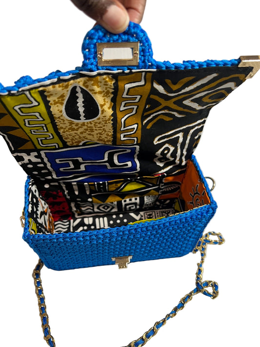 Handmade Blue African Print Satchel Shoulder Handbag with vibrant interior patterns and stylish chain strap