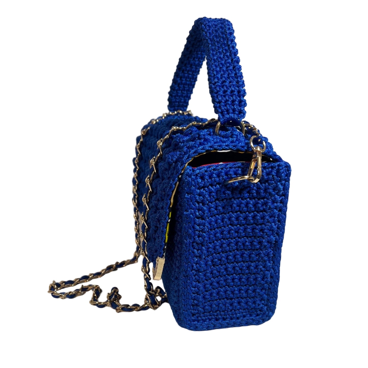 Handmade Blue African Print Satchel Shoulder Handbag with a stylish crochet design and gold chain strap
