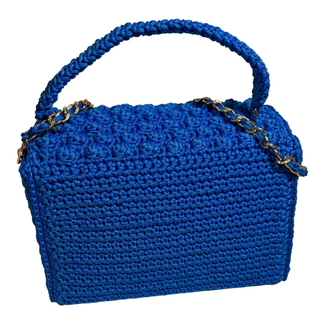 Handmade Blue African Print Satchel Shoulder Handbag with braided handle and chain detail