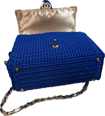 Handmade Blue Crochet Clutch Handbag Purse with a plush interior and stylish gold chain strap