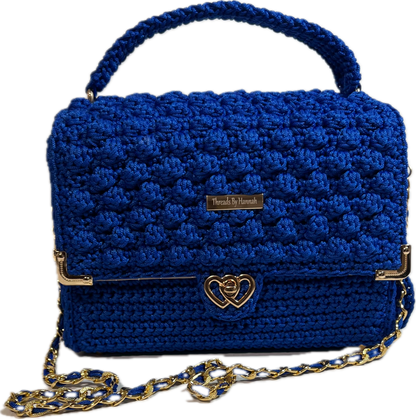 Handmade Blue Crochet Clutch Handbag Purse with elegant design and gold chain strap