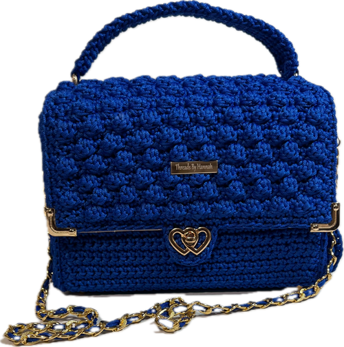 Handmade Blue Crochet Clutch Handbag Purse with elegant design and gold chain strap