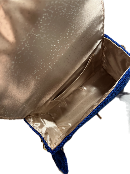 Interior view of a Handmade Blue Crochet Clutch Handbag Purse with satin lining and spacious compartment