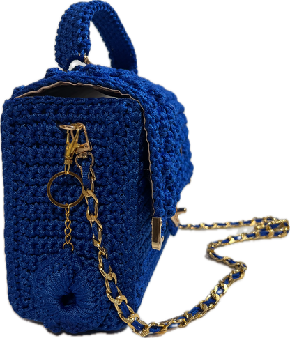 Handmade Blue Crochet Clutch Handbag Purse with a stylish chain strap and gold accents
