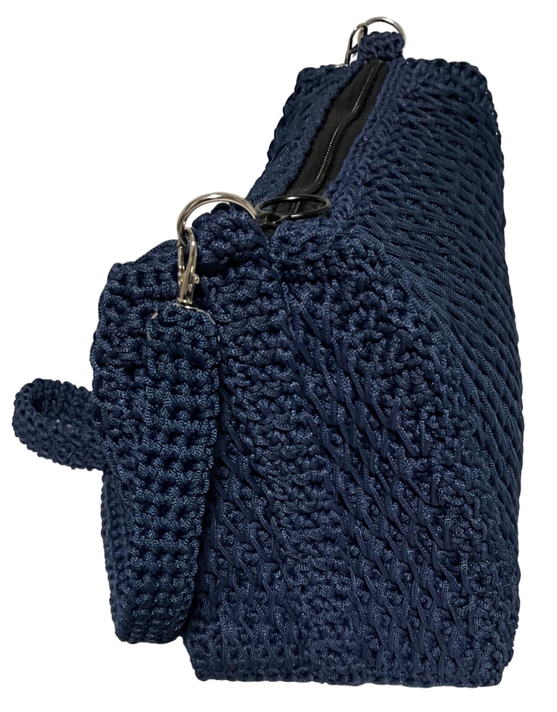 Handmade Blue Crochet Sling Handbag with secure zipper closure and stylish design