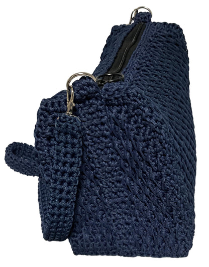 Handmade Blue Crochet Sling Handbag with secure zipper closure and stylish design