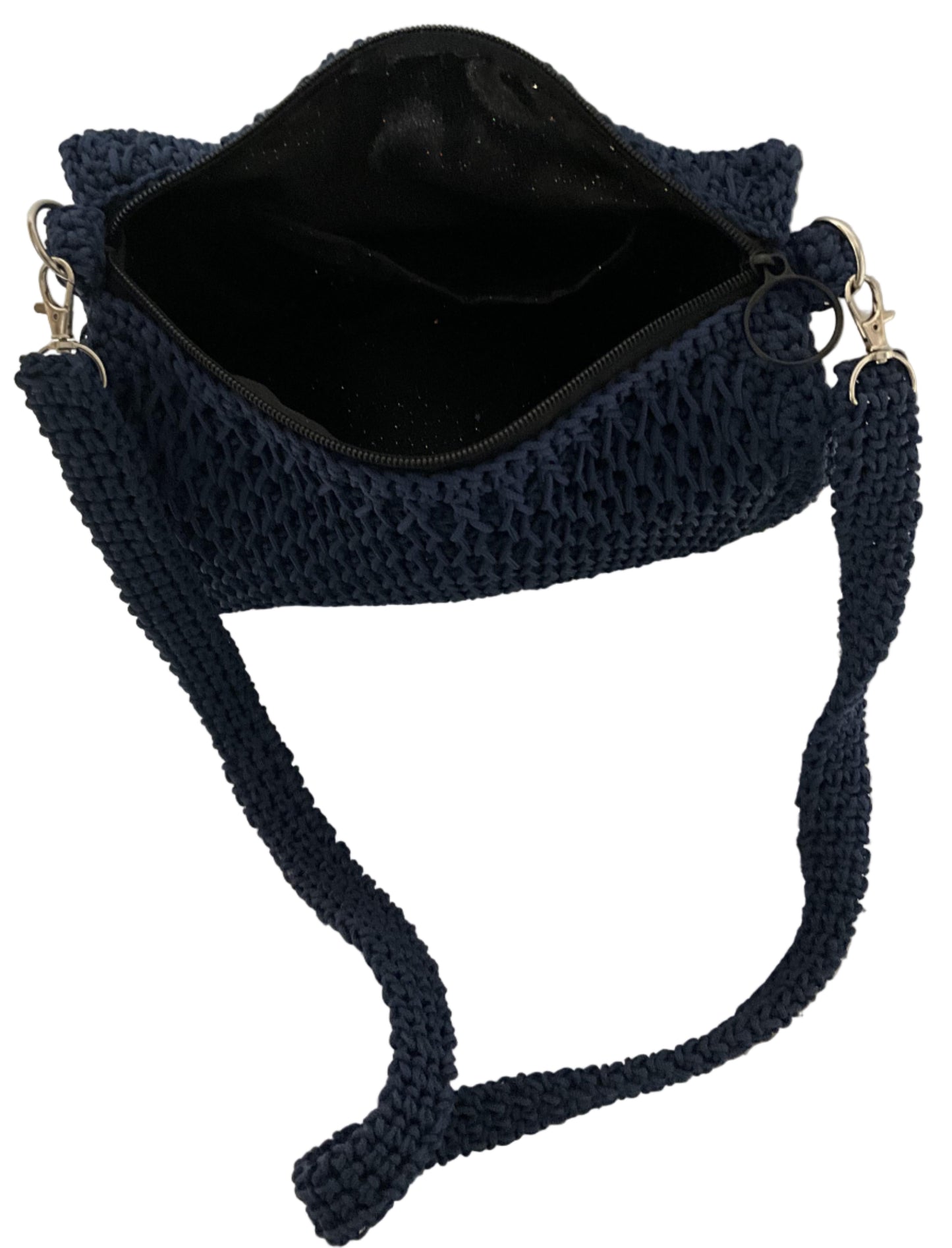 Handmade Blue Crochet Sling Handbag with interior pocket and adjustable strap for casual outings