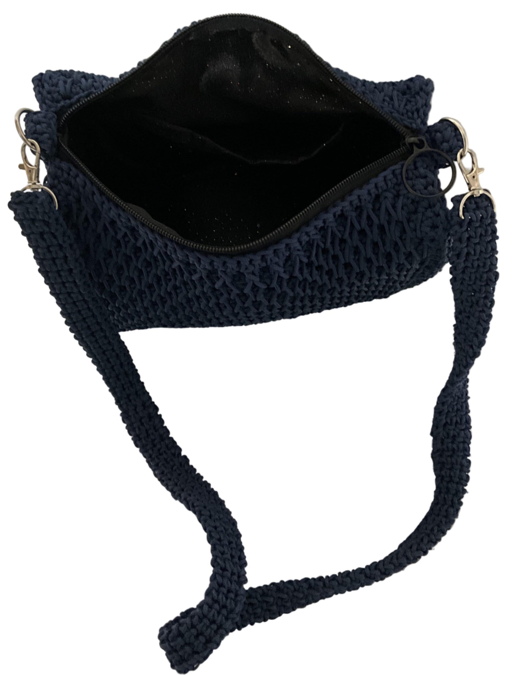 Handmade Blue Crochet Sling Handbag with interior pocket and adjustable strap for casual outings