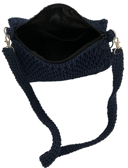 Handmade Blue Crochet Sling Handbag with interior pocket and adjustable strap for casual outings