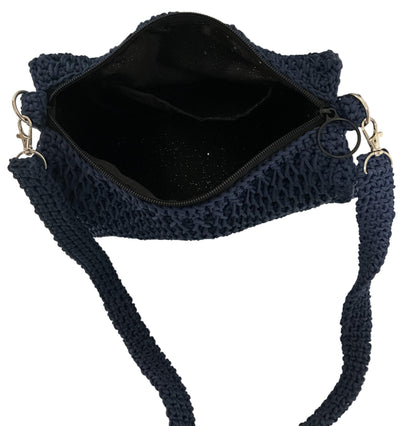 Handmade Blue Crochet Sling Handbag with a Spacious Interior and Elegant Design