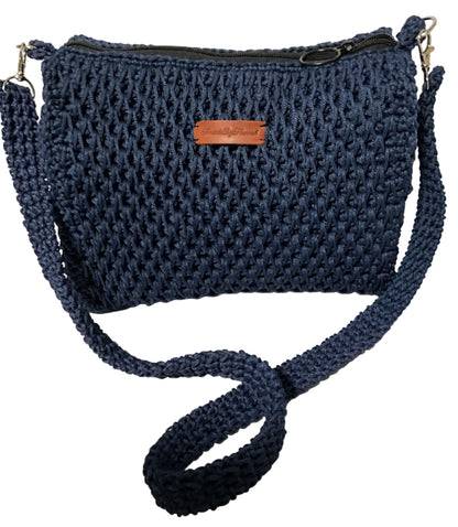 Stylish Handmade Blue Crochet Sling Handbag with adjustable strap and zipper closure