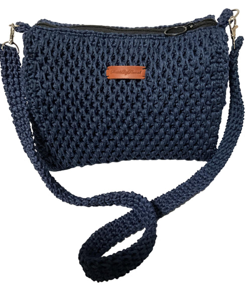 Stylish Handmade Blue Crochet Sling Handbag with adjustable strap and zipper closure