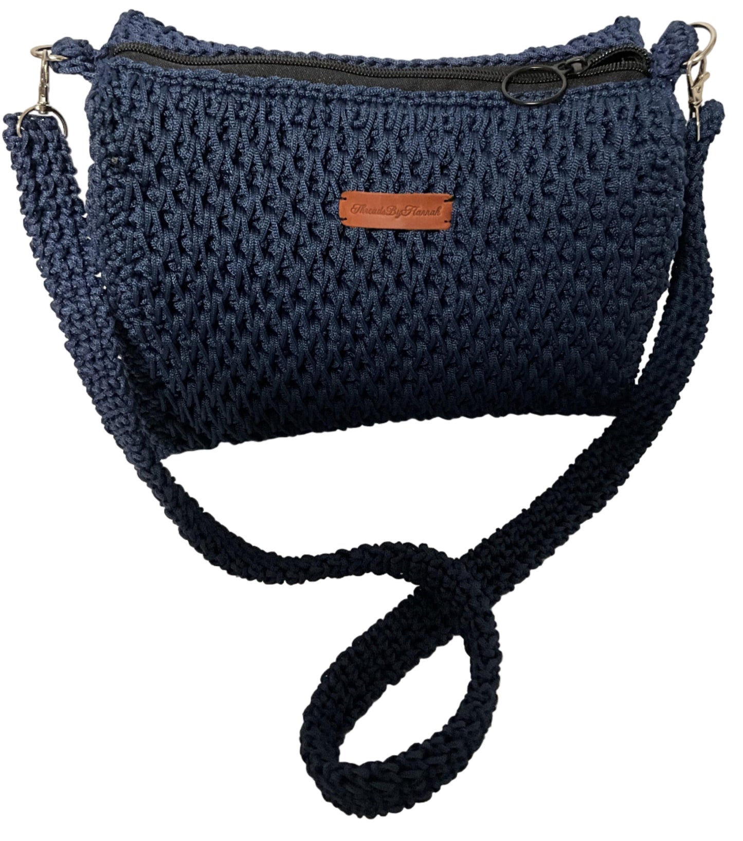 Handmade Blue Crochet Sling Handbag with Adjustable Strap and Zip Closure for Everyday Use