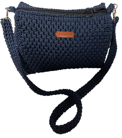 Handmade Blue Crochet Sling Handbag with Adjustable Strap and Zip Closure for Everyday Use