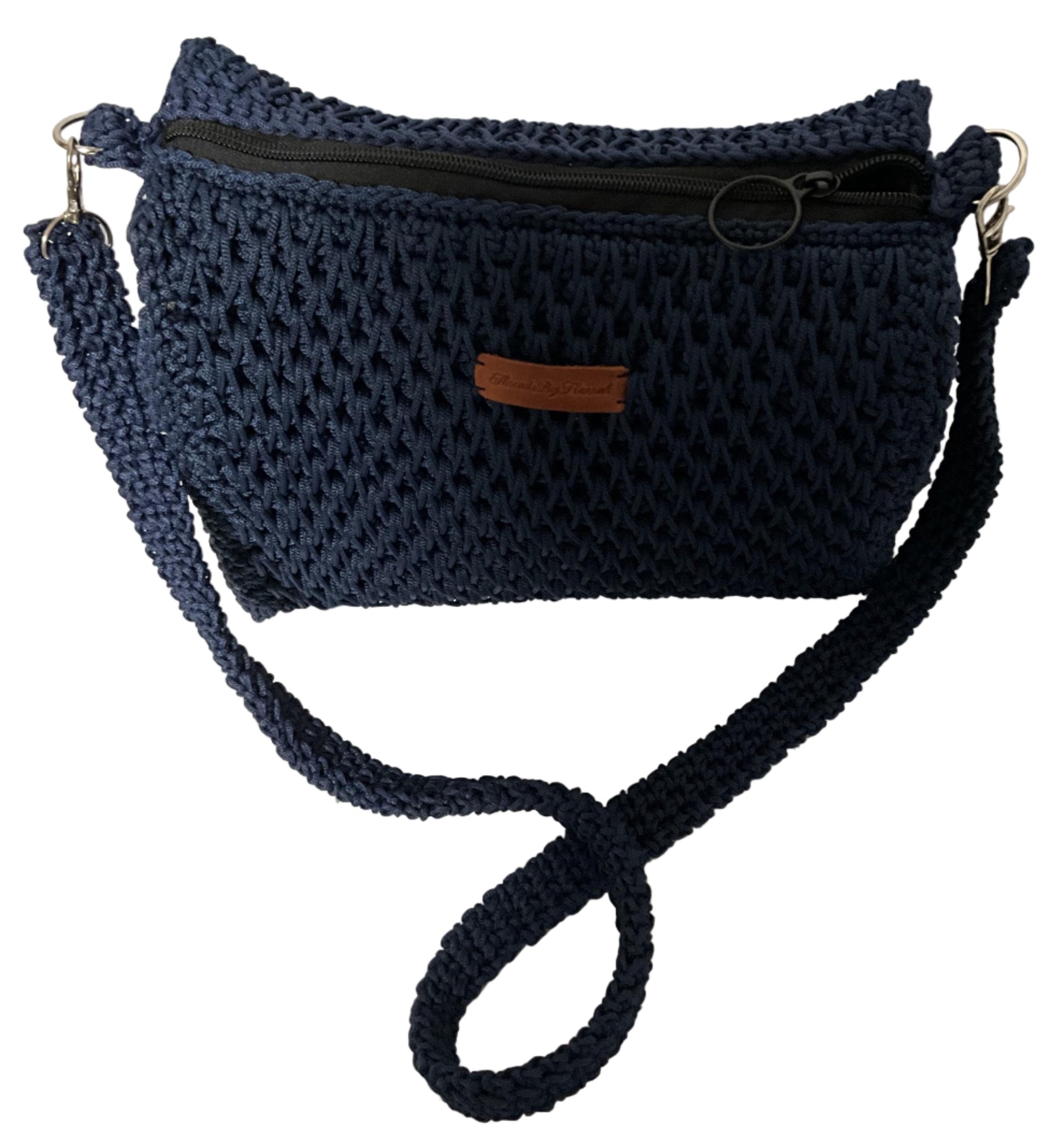 Handmade Blue Crochet Sling Handbag with a zippered closure and adjustable strap