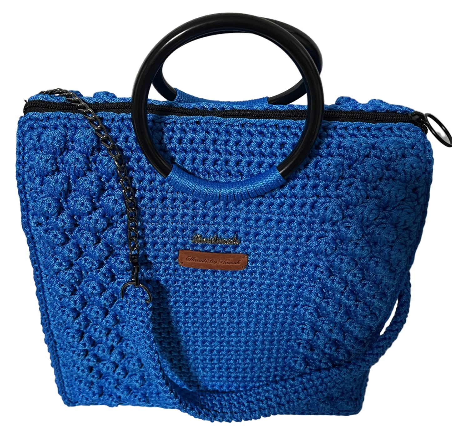 Handmade Blue Crochet Trapezoid Handbag with a stylish design and convenient handles