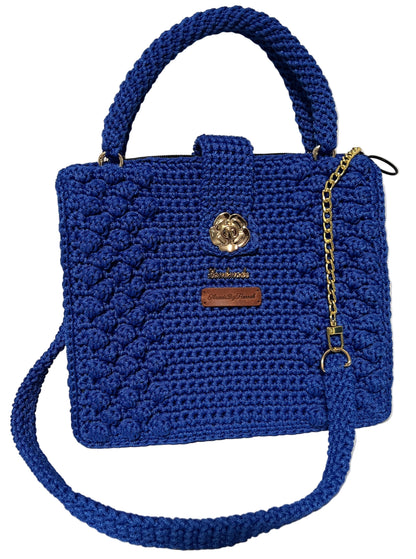 Handmade Blue Crochet Trapezoid Handbag with a stylish design and gold-tone clasp