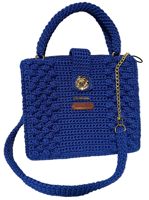Handmade Blue Crochet Trapezoid Handbag with a stylish design and gold-tone clasp
