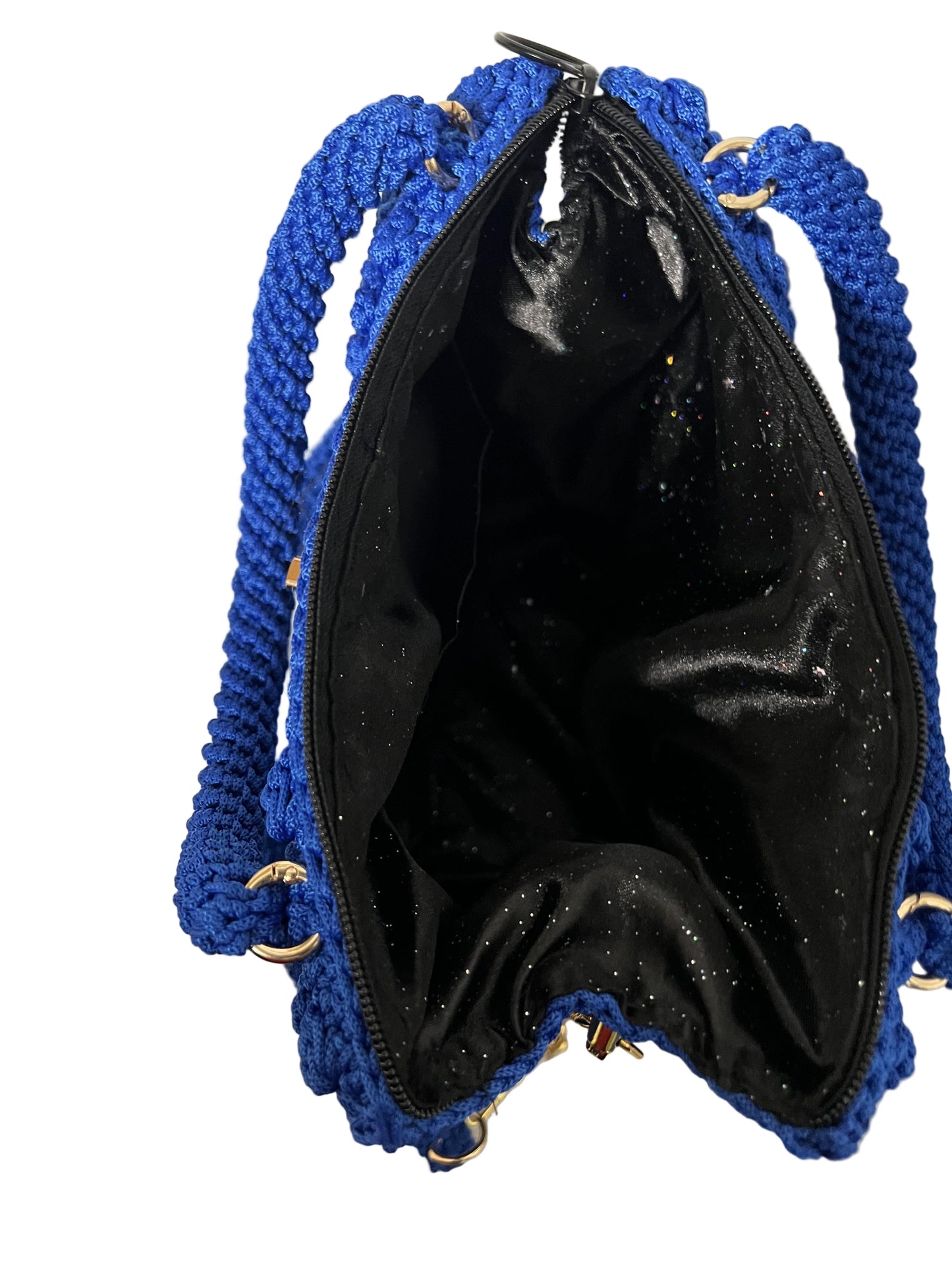Handmade Blue Crochet Trapezoid Handbag with a spacious black interior for everyday essentials