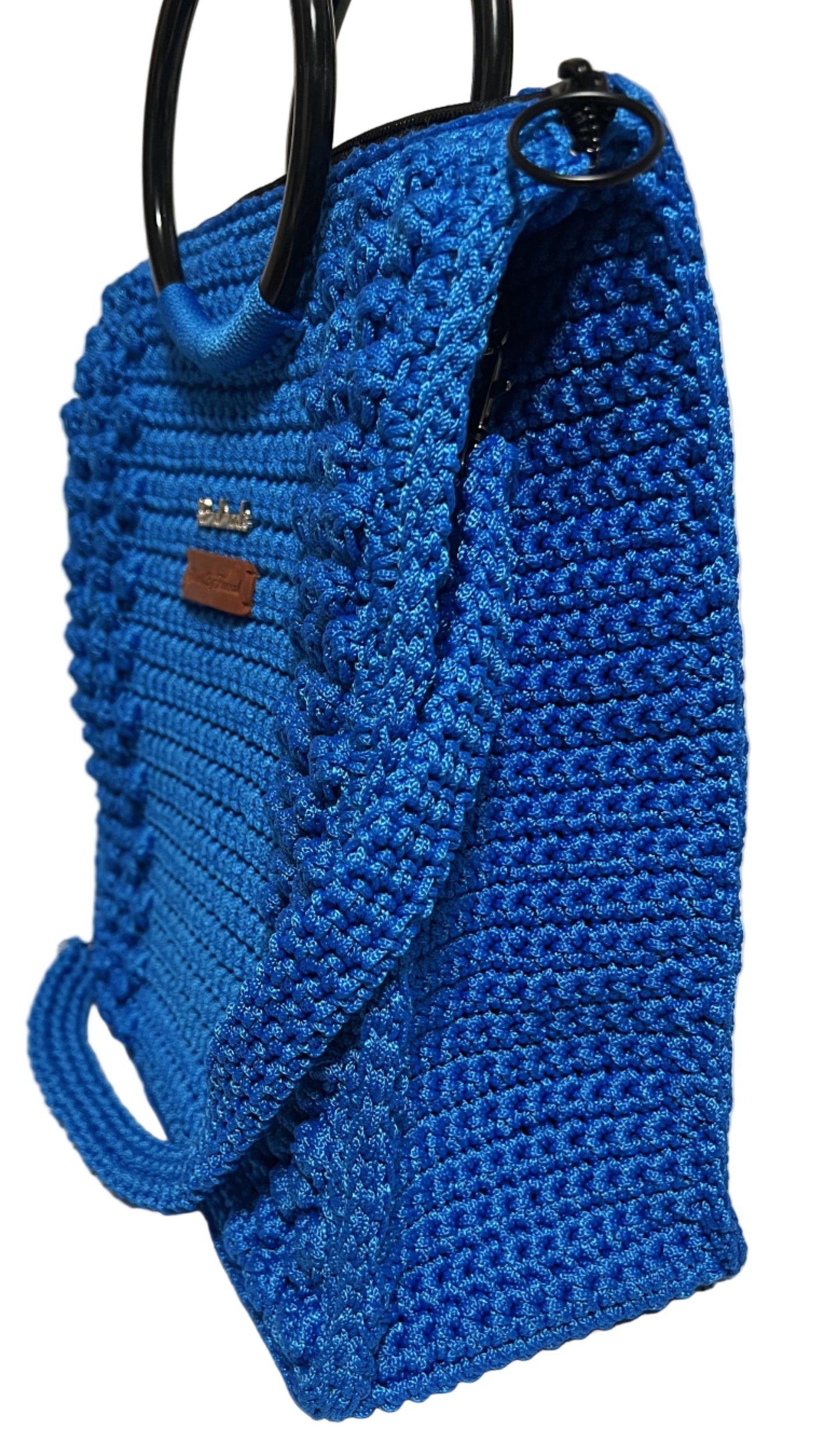 Handmade Blue Crochet Trapezoid Handbag with a structured design and sturdy handles