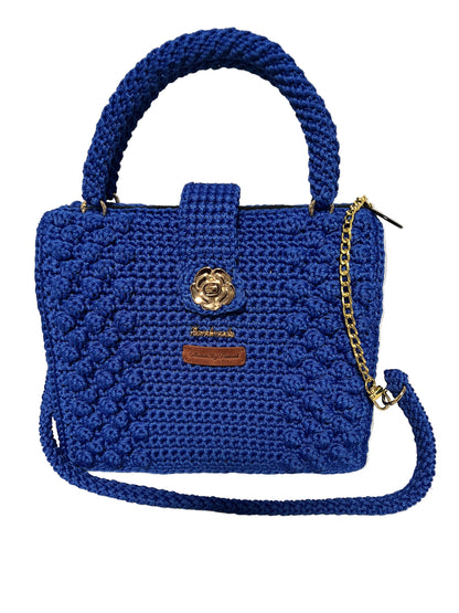Handmade Blue Crochet Trapezoid Handbag with a stylish gold clasp and detachable strap