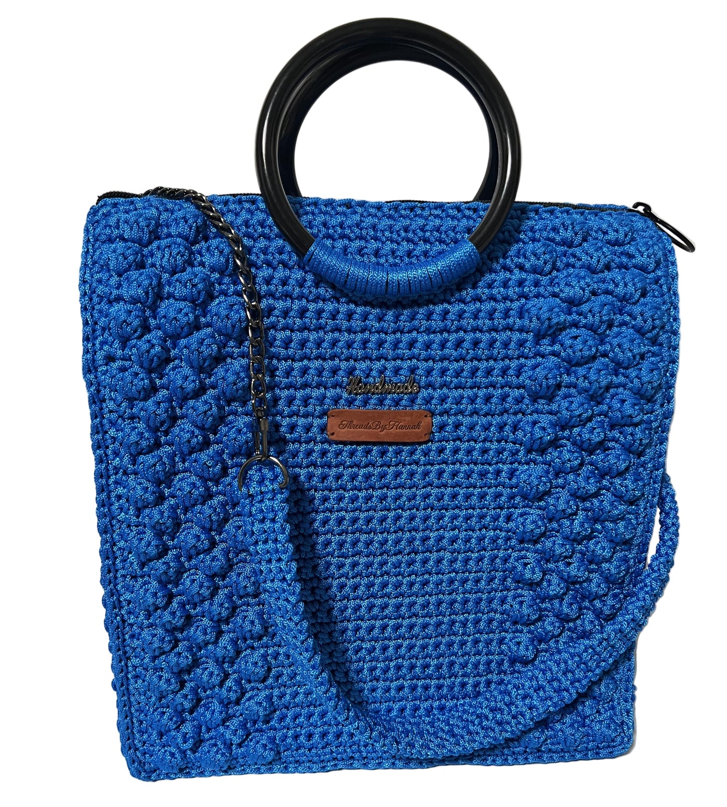 Handmade Blue Crochet Trapezoid Handbag with Black Round Handles and Detachable Strap