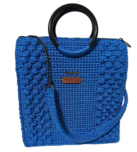Handmade Blue Crochet Trapezoid Handbag with Black Round Handles and Detachable Strap