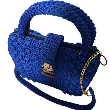 Handmade Blue Crochet Trapezoid Handbag with a stylish design and gold chain details for a trendy look