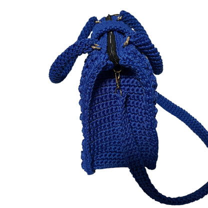 Handmade Blue Crochet Trapezoid Handbag with zipper closure and stylish handle for everyday use