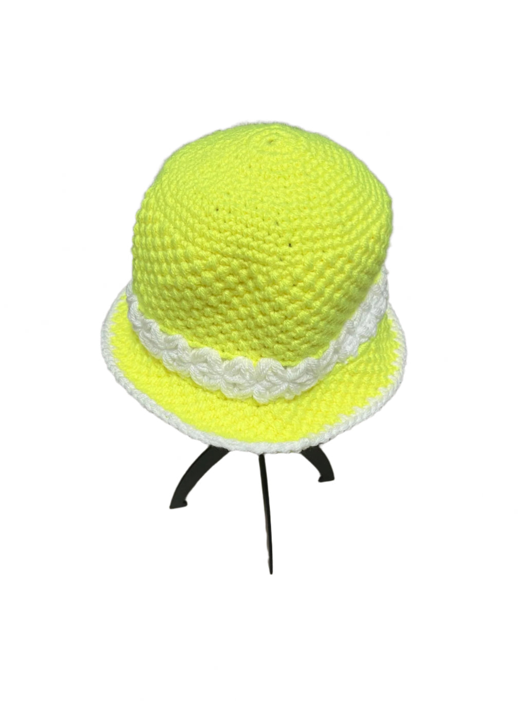 ThreadsByHannah handmade crochet bucket hat in bright yellow with white decorative trim