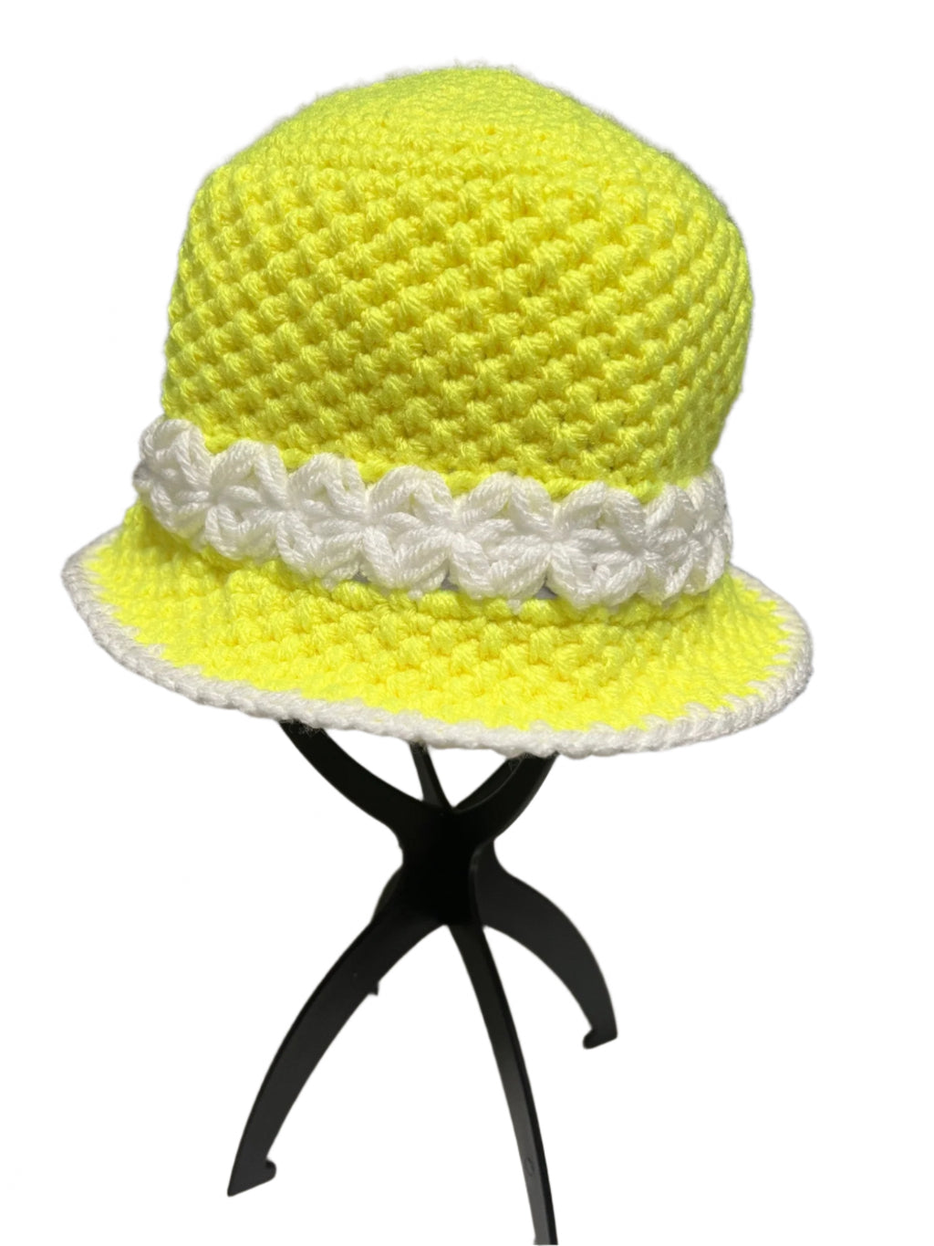 Yellow handmade crochet bucket hat with white floral band and edge by ThreadsByHannah