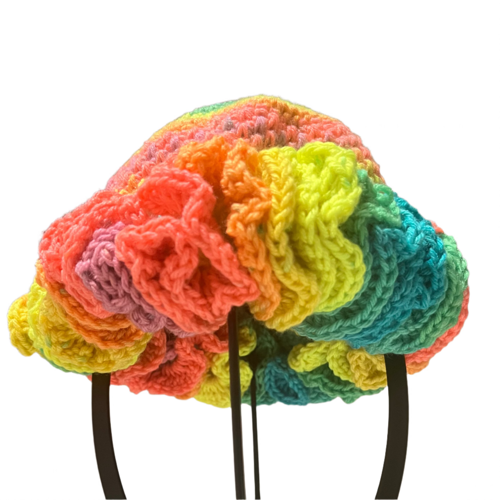 ThreadsByHannah handmade crochet toddler hat with colorful ruffles in rainbow hues