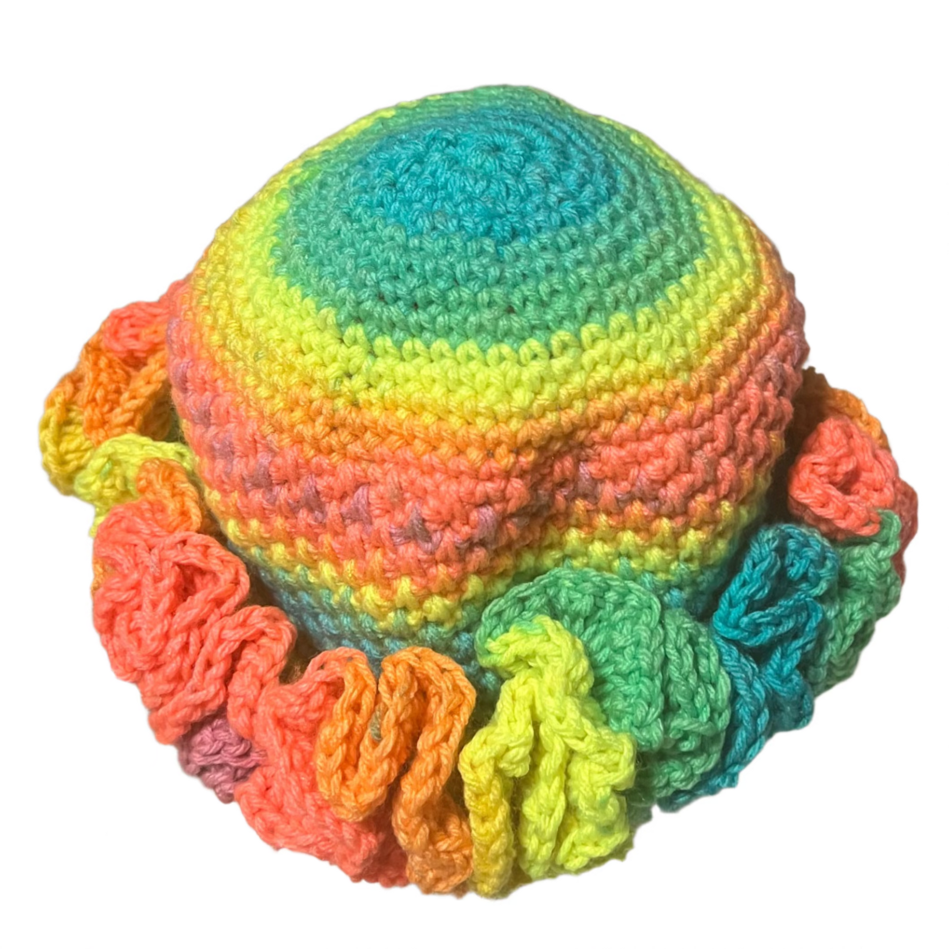 Colorful handmade crochet toddler hat with ruffle brim in rainbow gradient by ThreadsByHannah