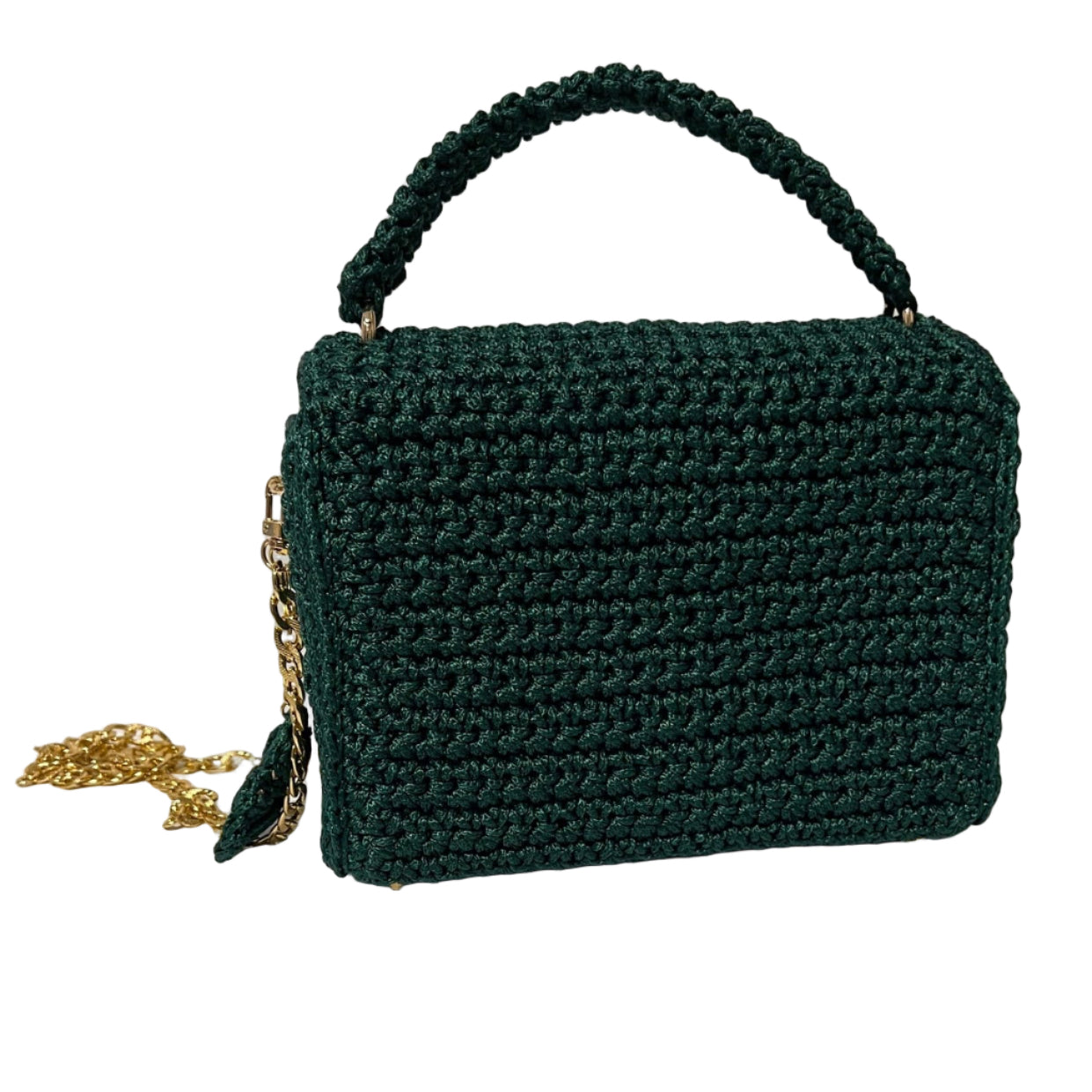 Handmade Green Satchel Shoulder Handbag with a unique crochet design and stylish chain strap.