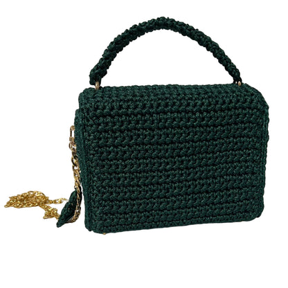 Handmade Green Satchel Shoulder Handbag with a unique crochet design and stylish chain strap.