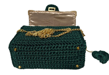 Handmade Green Satchel Shoulder Handbag with elegant gold chain and stylish clasp detail