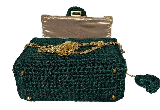 Handmade Green Satchel Shoulder Handbag with elegant gold chain and stylish clasp detail