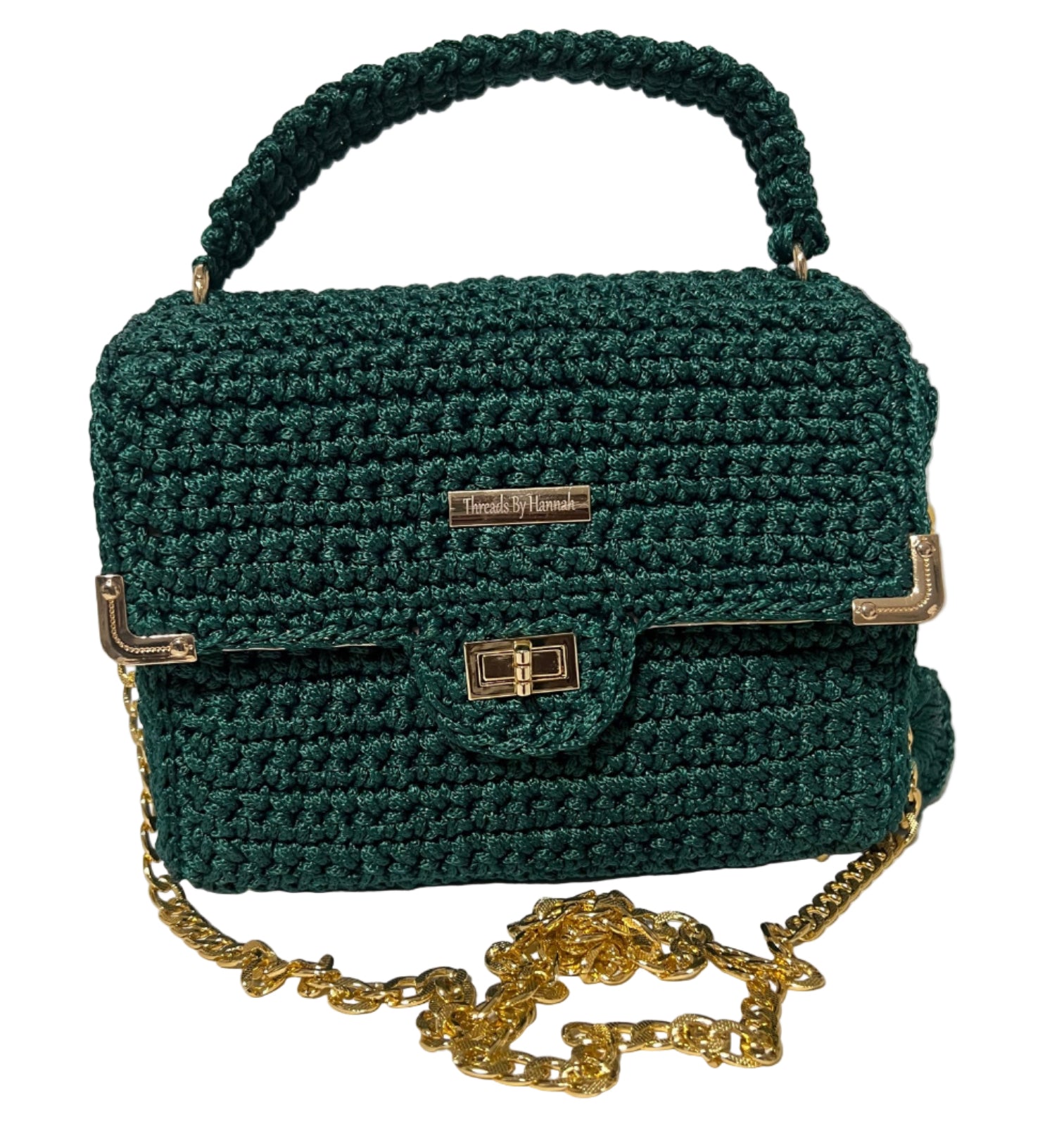 Handmade Green Satchel Shoulder Handbag by ThreadsByHannah with a stylish gold chain strap