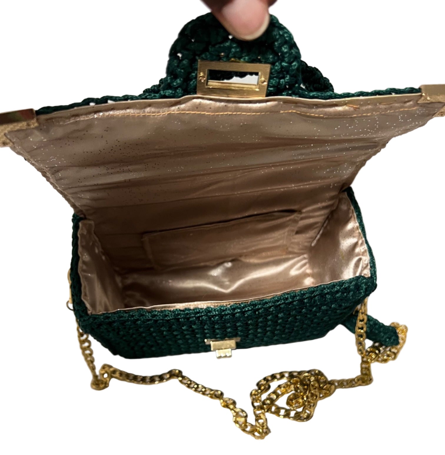 Handmade Green Satchel Shoulder Handbag with a spacious interior and gold chain strap