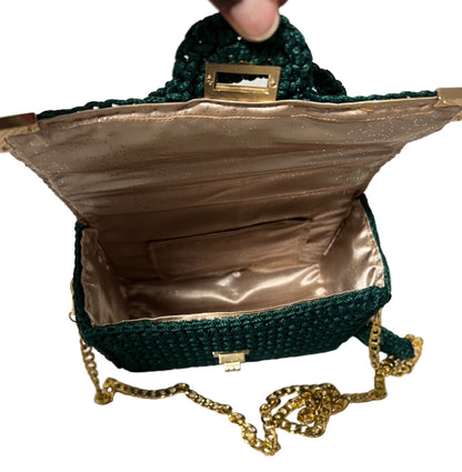 Handmade Green Satchel Shoulder Handbag with a spacious interior and gold chain strap