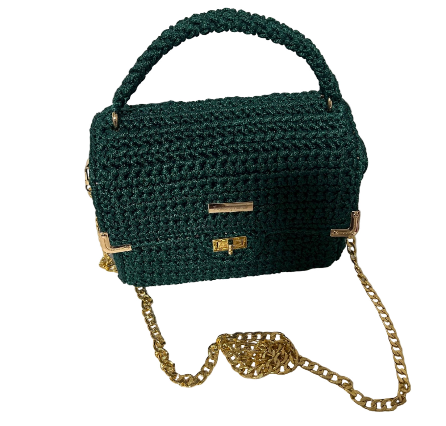 Handmade Green Satchel Shoulder Handbag with a stylish gold chain strap and woven design