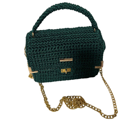 Handmade Green Satchel Shoulder Handbag with a stylish gold chain strap and woven design