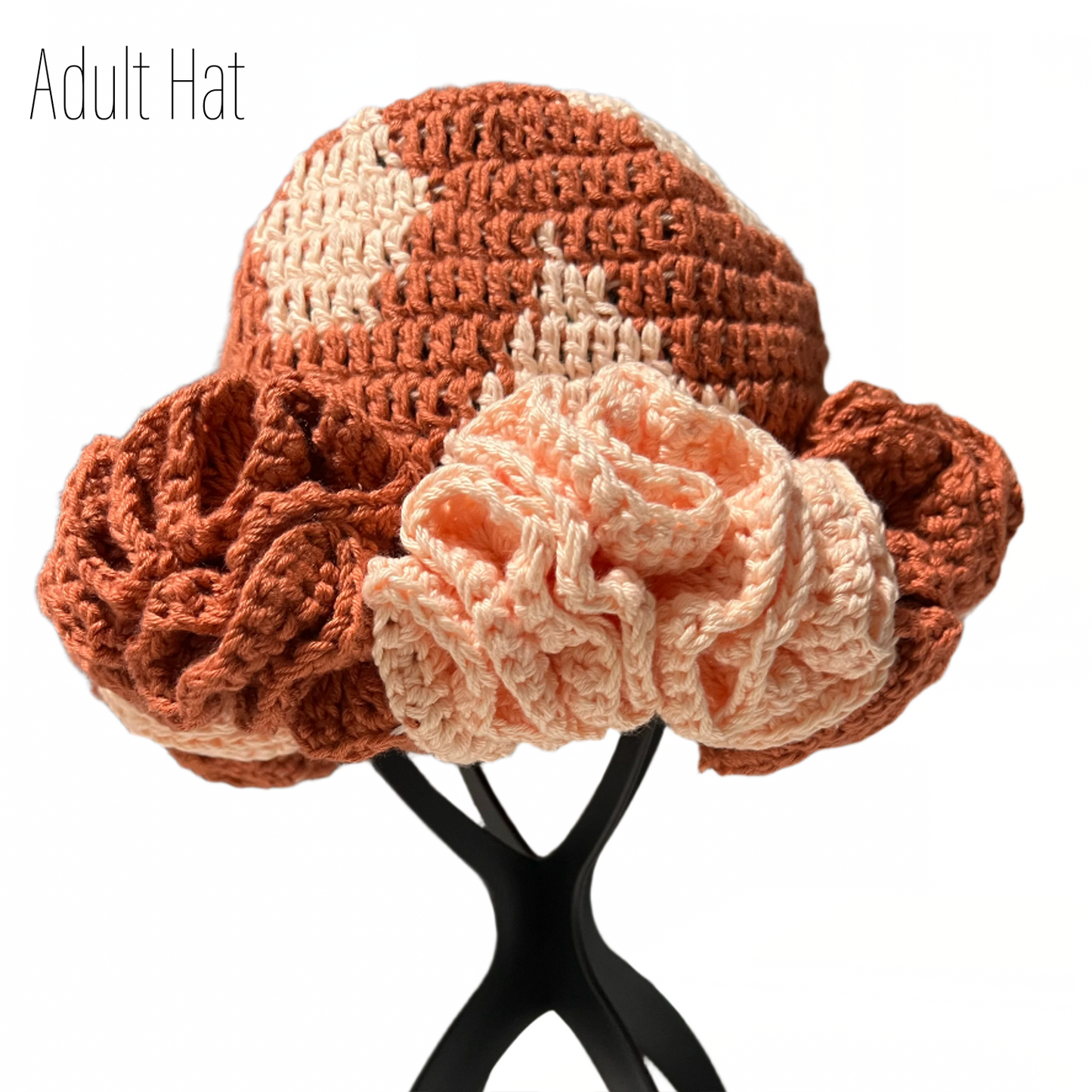 Handmade ruffle hat in brown and peach crochet by ThreadsByHannah featuring handmade mommy and me hats