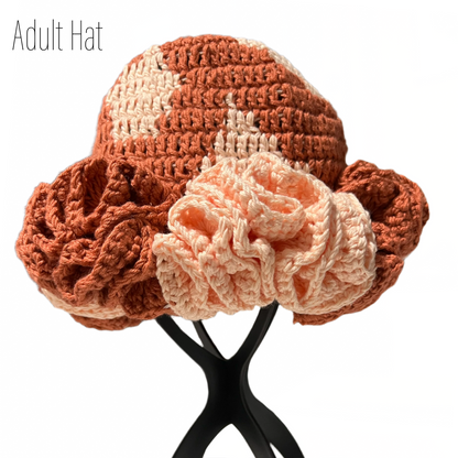 Handmade ruffle hat in brown and peach crochet by ThreadsByHannah featuring handmade mommy and me hats