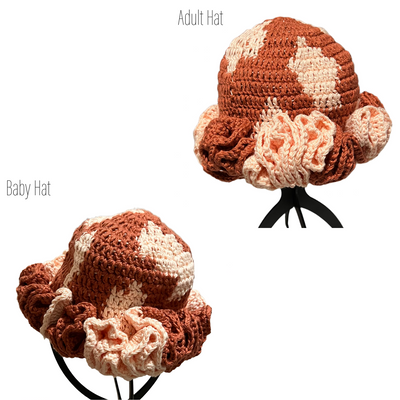 Handmade mommy and me hats ruffle style in brown and cream crochet by ThreadsByHannah for adult and baby