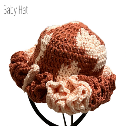 Handmade mommy and me hats featuring a brown and cream ruffle baby hat by ThreadsByHannah