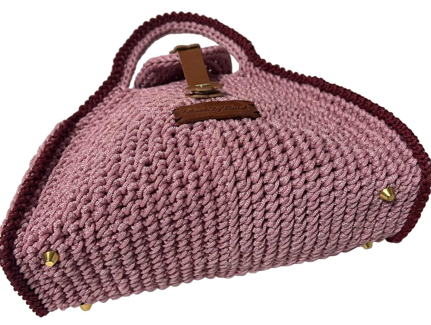 Handmade Pink Half Moon Clutch Handbag with Braided Design and Golden Accents
